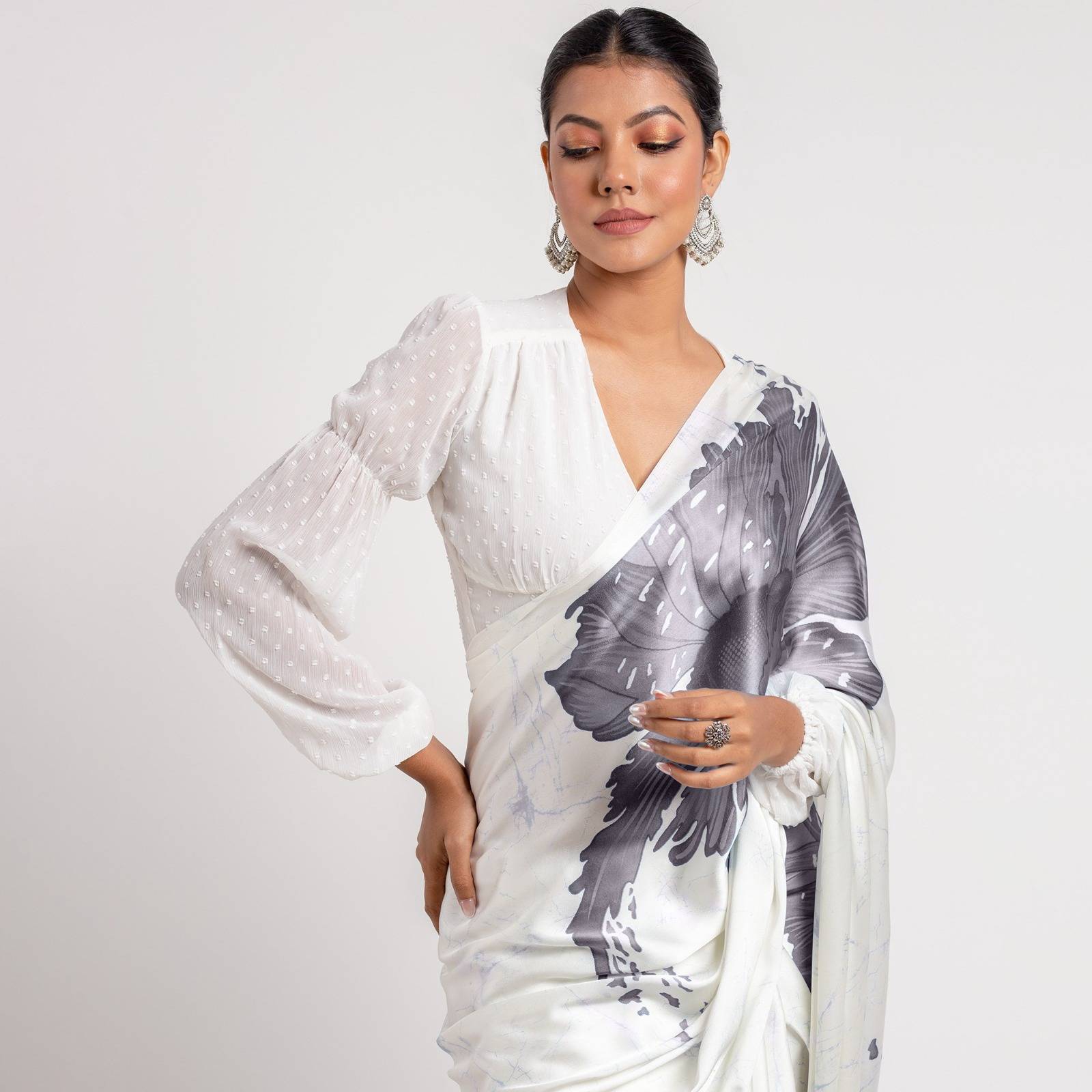 Grey Original Japan Satin Digital Floral Saree